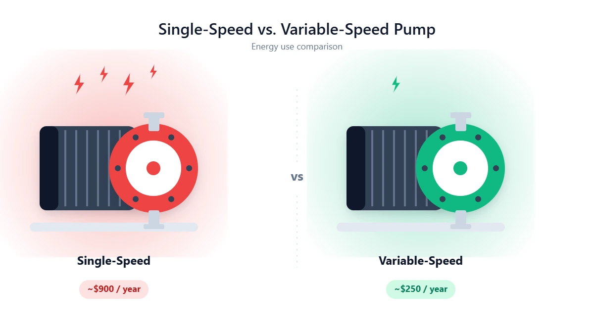 Bar chart comparing annual electricity costs for single-speed, dual-speed, and variable-speed pool pumps