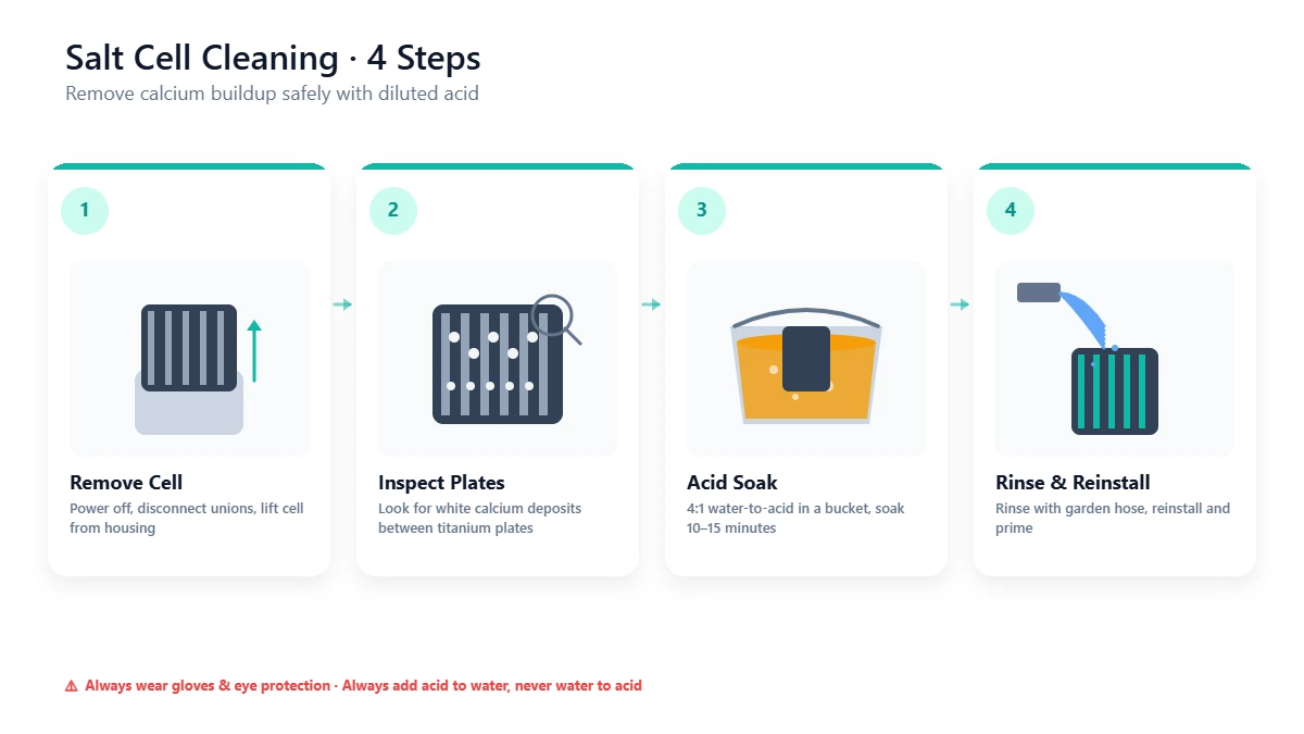 4-step diagram showing how to clean a salt cell: remove, inspect, soak in acid solution, rinse and reinstall
