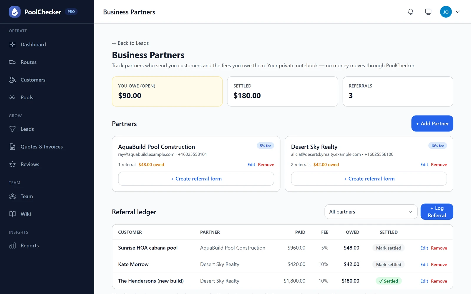 Referral partner ledger with fees owed