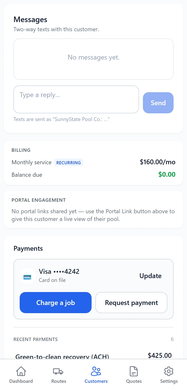 Billing summary, open quotes and card-on-file payments