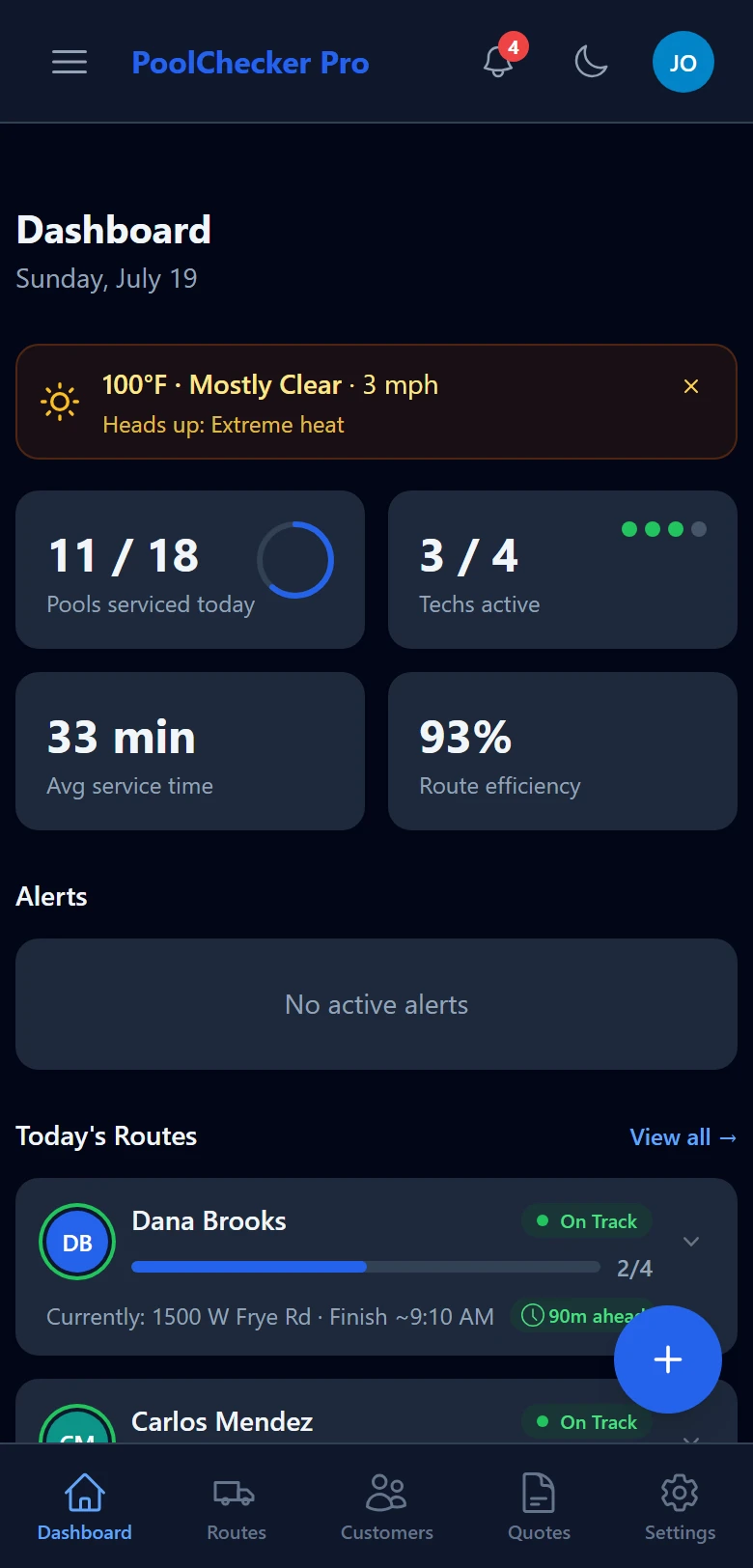 PoolChecker Pro dashboard in dark mode