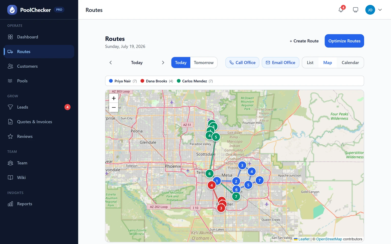 Optimized route stops plotted on a live map